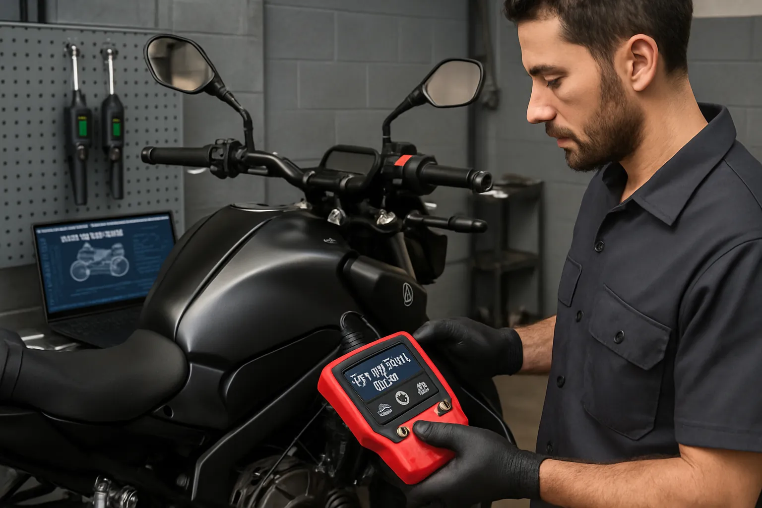 Un m&eacute;canicien moto utilisant un lecteur OBD-II.